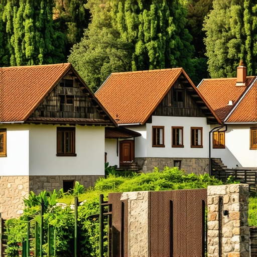 Sat tradițional balcanic cu peisaje frumoase și case tradiționale