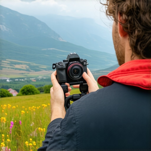 Traveler capturing scenic Balkan landscape with professional camera and gimbal