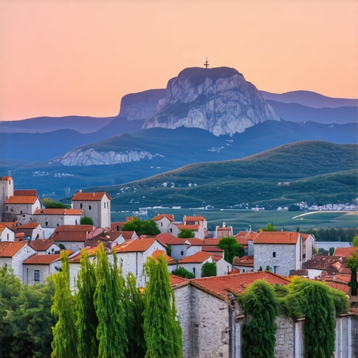Panoramic sunset view of historic Počitelj with mountains in the background