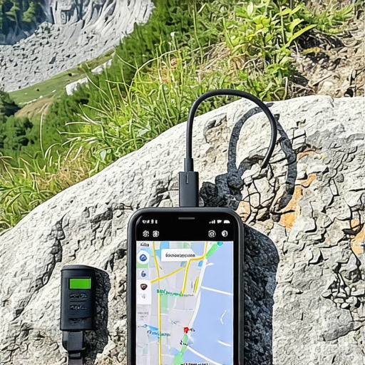 Power bank și smartphone cu aplicații de navigație în peisaj montan balcanic