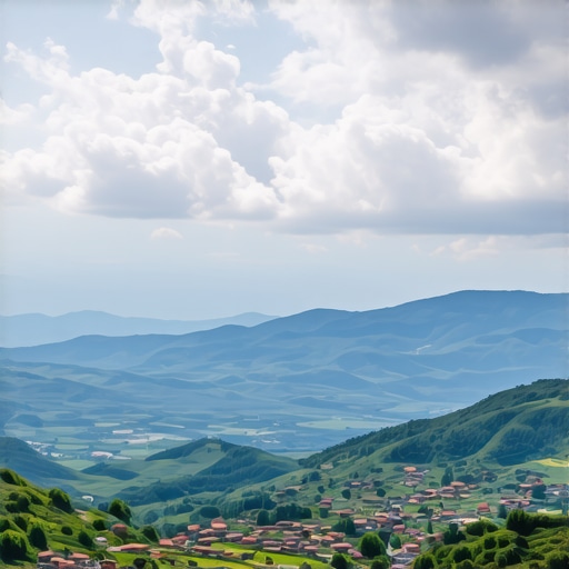 Vedere panoramică a munților Mavrovo cu verdeață și sate tradiționale